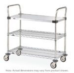 The Metro MW401 Utility Cart, measuring 18 x 24 x 38, features a stainless steel solid shelf, two chrome wire shelves, and two handles. It glides smoothly on four swiveling wheels for easy mobility. Note: Actual dimensions may vary from product shown.