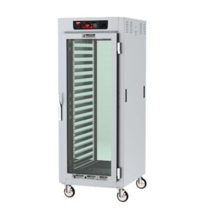 The Metro C589-SFC-LPFCA C5 8 Series Insulated Pass-Thru Holding Cabinet is a full-height, stainless steel commercial food warmer with a clear glass door. It includes lip load aluminum slides, a digital temperature display, and runs on 120V, 60Hz power. Mounted on wheels for mobility.