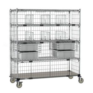The Metro ECM56XD Super Adjustable Super Erecta Deluxe Par Level Cart features a 24 x 60 stainless steel bottom shelf and a metal wire rack on wheels with multiple upper shelves for efficient organization using plastic bins and dividers.