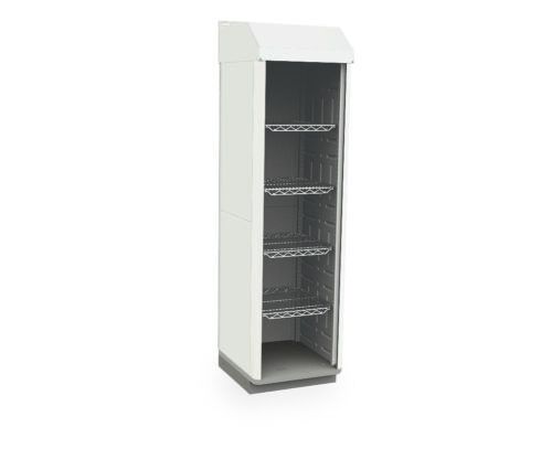 sx2uzsz41vyrmuwo2s6gp4d4820doban.jpg The Metro SXRS80SGSTD Starsys Stationary Tambour Door General Supply Cabinet is a tall, white, rectangular refrigerator with a glass door, four empty wire shelves, and a solid base against a plain white background.