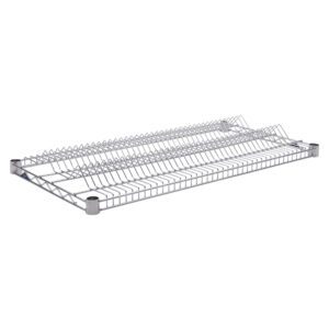 This metal dish rack, measuring 18 x 36, features a grid design with slots for plates and utensil compartments. Its shiny silver finish matches the look of the Super Erecta R1836BR-7 SMT Reel Shelf, and it has elevated corners for elegance.