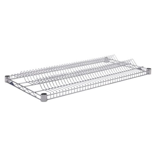 This metal dish rack, measuring 18 x 36, features a grid design with slots for plates and utensil compartments. Its shiny silver finish matches the look of the Super Erecta R1836BR-7 SMT Reel Shelf, and it has elevated corners for elegance.