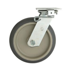 The Metro C8DSLA 8 High Modulus Donut Swivel/Rigid Lock C-Plate Caster features a gray rubber tire, metal bracket, and mounting plate. Ideal for custom truck dollies, it is elegantly displayed on a white background.