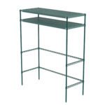The Metro CR246074PRH2 Super Erecta Pro Overhead Storage 2-Shelf Docking Station (24 x 60 x 74) includes a green metal shelving unit with two perforated shelves, four vertical legs, and supporting wires for enhanced stability, providing an efficient industrial storage solution.