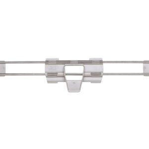 This metal clamp in white and silver measures 24 L x 2 H with adjustable arms and a central lever, ideal for Metro MAX4-LS24-2S Stackable Shelf Ledge setups for MetroMax 4 shelving. Displayed against a clean white backdrop, its simple design offers secure item hanging or securing.