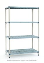 The MetroMax Q MQ-213674G-S-4 is a plastic industrial shelving unit with four ventilated blue shelves and a gray frame, measuring 21 x 36 x 74. Perfect for organizing storage or commercial spaces. Note: Actual dimensions may vary from the product shown.