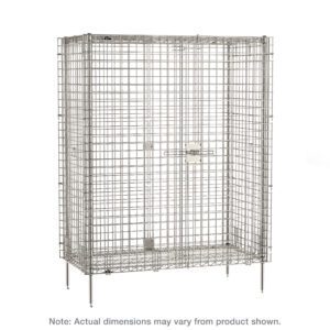 The Metro SEC66S Super Erecta Shelving Unit is a stainless steel wire storage cage featuring a central latched door, rectangular shape with four legs, and sturdy closely spaced grids. Dimensions are 33.5 x 62.5 x 66.8125.