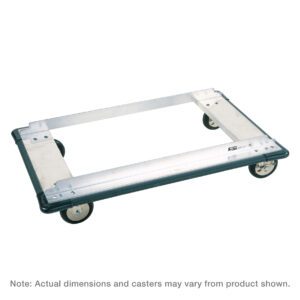 The Metro D53JN Truck Dolly is a lightweight, rectangular metal dolly with four 5 neoprene swivel casters for easy movement of heavy items. It features a silver frame with black corner reinforcements, fitting 24 x 36 shelving. Note: dimensions and casters may vary.