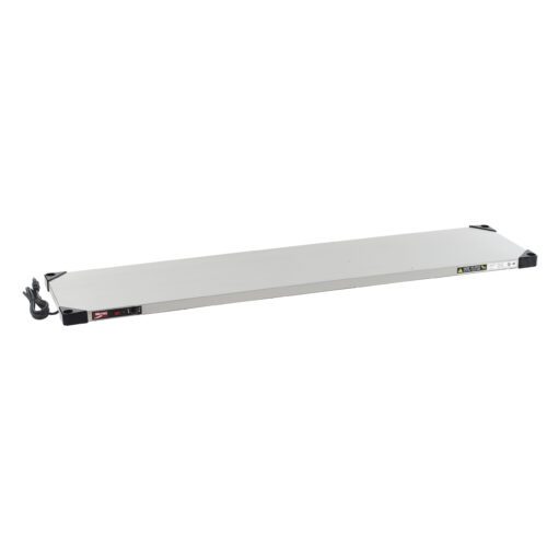 The Metro HS1460 Super Erecta Hot Stainless Steel Heated Shelf, 120V, 600W, 14 x 60, is a white rectangular heat mat with a left-side black power cable. Its smooth surface serves for warming and features instructional labels in black and yellow on top.