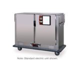 The Metro MBQ-120DX-QHA is a stainless steel mobile banquet cabinet with two doors, control panels, and handles on both sides. It features a Quad-Heat Thermal System, runs on 220V at 1650W, 50/60Hz, and rests on four wheels. Note: Standard electric unit shown.