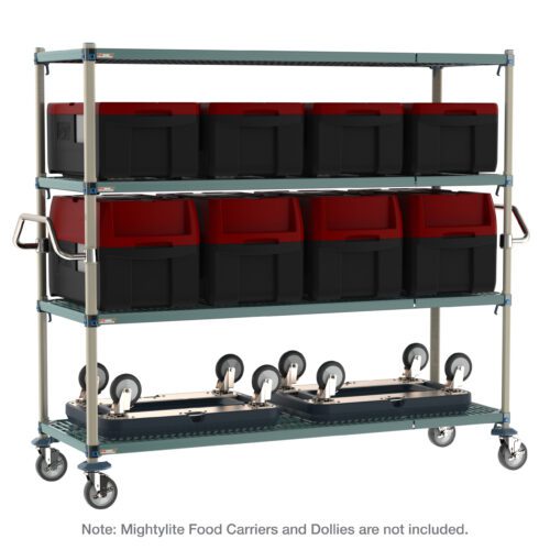 t13qkm3jowuhujs26tvseahmmpa4txzj.jpg The Metro CR247263-MQC4 MetroMax Q 4-Shelf Industrial Plastic Shelving Mobile Cart, 24 x 72 x 68, includes stainless steel push handles, wheels holding black and red containers, and large trays below. Note: Mightylite Food Carriers and Dollies are not included.