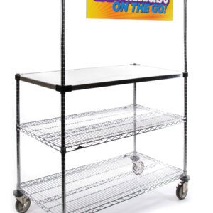 The Metro GG2436 Breakfast Cart, 24 x 36, has two wire shelves and a solid top with a Breakfast on the Go! sign. Featuring four wheels and a vibrant yellow banner with purple text, this versatile cart is perfect for your serving needs.