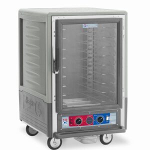 The Metro C535-CLFC-U-GY C5 3 Series gray insulated holding/proofing cabinet is wheeled and has universal wire slides. It features a full-length clear door, a bottom control panel with red and blue dials, and operates efficiently on 120V.