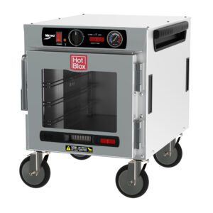 The Metro HBCN4-AC-UC HotBlox Narrow 4-Pan Insulated Undercounter Holding Cabinet is a stainless steel, portable food warmer with an 875W, 60Hz power system. It includes a clear glass door, an analog controller with a temperature dial, side handles for mobility, and the red Hot Blox logo.