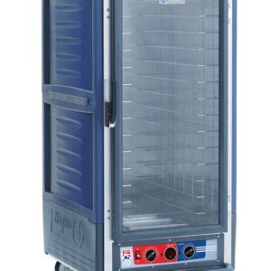 The Metro C537-MXFC-4-BUA C5 3 Series is a blue, 3/4 height cabinet on wheels, featuring a full-length clear door with fixed wire slides and a control panel. It operates efficiently at 220-240V and 50/60Hz, with power ranging from 1681 to 2000W.