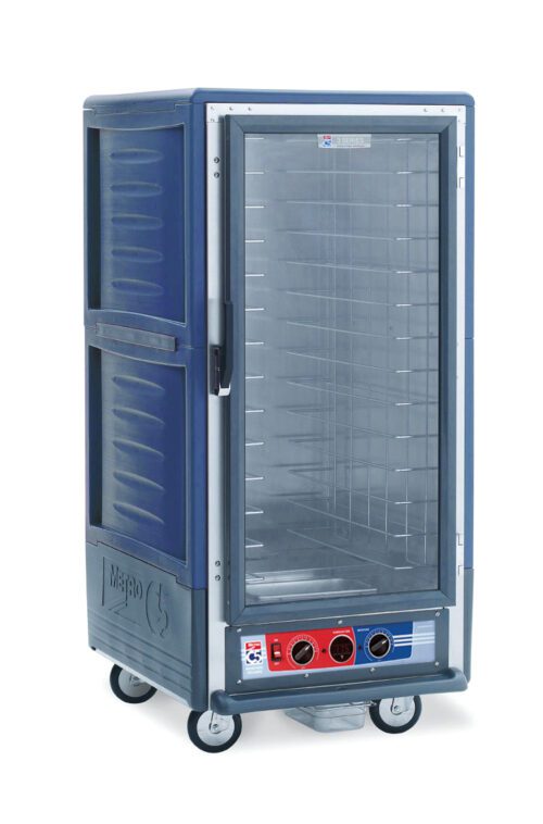 The Metro C537-MXFC-4-BUA C5 3 Series is a blue, 3/4 height cabinet on wheels, featuring a full-length clear door with fixed wire slides and a control panel. It operates efficiently at 220-240V and 50/60Hz, with power ranging from 1681 to 2000W.