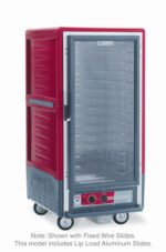 Image of the Metro C537-HLFC-L C5 3/4 height red insulated holding cabinet with a full-length clear door. It has lip load aluminum slides for trays and operates at 120V, 60Hz, and 1440W.