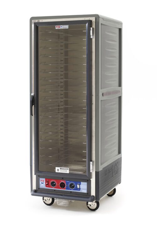 The Metro C539-CLFC-U-GYA C5 3 Series Cabinet has a full-length clear door, universal wire slides, bottom panel control knobs, and four wheels for easy mobility. Its gray and operates at 120V, 60Hz, 1440W.