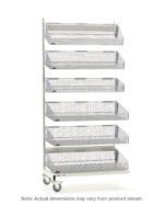 The Metro QB118-M6A is a tall, mobile single-sided storage rack with six mesh baskets, designed for organizing items. Note that the actual dimensions, including the 18 L measurement, might slightly differ from those in the image.