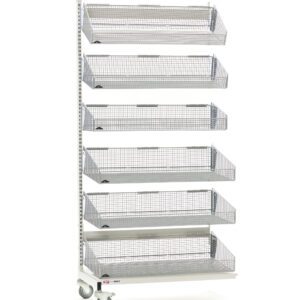 The Metro QB118-M6A is a tall, mobile single-sided storage rack with six mesh baskets, designed for organizing items. Note that the actual dimensions, including the 18 L measurement, might slightly differ from those in the image.