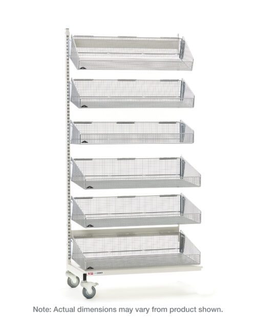 The Metro QB118-M6A is a tall, mobile single-sided storage rack with six mesh baskets, designed for organizing items. Note that the actual dimensions, including the 18 L measurement, might slightly differ from those in the image.