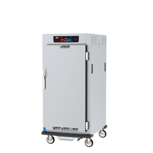 The Metro C597L-SFS-L C5 9 Series Cabinet, featuring a full-length solid door and Lip Load Aluminum Slides, offers controlled humidity for holding and proofing. This mobile 3/4 height stainless steel unit with digital controls and ventilation slits ensures effortless maneuverability.