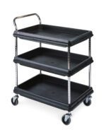 The Metro BC2636-3DBL Deep Ledge 3-Shelf Utility Cart, Black, 26 x 36, boasts a sleek three-tier design with handle and caster wheels. Each open rectangular shelf provides ample storage space, while the metallic frame is corner-reinforced for enhanced durability.