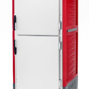 The red Metro C539-CDS-LA C5 3 Series is a full-height insulated holding/proofing cabinet with Dutch solid doors, lip load aluminum slides, and wheels. It has two compartments, three bottom control dials for precise temperature management, and operates on a 120V power supply.