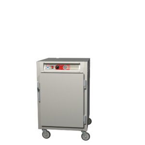 The Metro C565L-SFS-UA C5 6 Series Insulated Reach-In Holding Cabinet is a mobile, 1/2 height unit with a full-length solid door, gray stainless steel finish, and four casters. It operates at 120V using universal wire slides and features a top control panel with knobs.