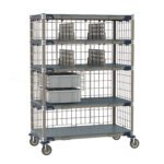The Metro ECP55DX3 MetroMax i Deluxe Par Level Cart has a 24 x 48 metal storage rack on wheels with five wire grid shelves, featuring bins and trays for organization in a sleek blue and grey design.