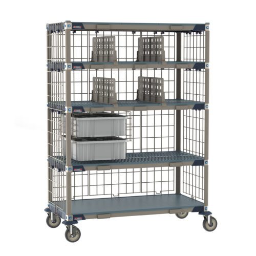 The Metro ECP55DX3 MetroMax i Deluxe Par Level Cart has a 24 x 48 metal storage rack on wheels with five wire grid shelves, featuring bins and trays for organization in a sleek blue and grey design.