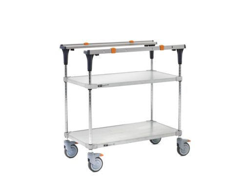 tejdv3dl51w9ham3kxpxpc6o6xeamemm.jpg The silver metal utility cart with three gray shelves and orange accents features solid galvanized top and bottom shelves with chrome posts. It includes four swiveling wheels, folds easily, and has handles on both ends, mirroring the minimalistic design of the Metro MS1836-FGFG PrepMate MultiStation 36 Prep Station.