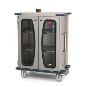The Metro CaseVue CV36HC-NBFH-W2 Surgical Case Cart features clear doors, a swing-up handle, pullout wire shelves, color flags on top, and metal shelves. It is 45.5W x 28D x 58.25H and has blue trim with four wheels for organizing medical or lab supplies efficiently.