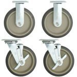 Displayed against a white background are four Metro MBQ-8 caster wheels: the top pair are fixed, while the bottom pair are swivel casters with brakes. Designed to upgrade MBQ banquet cabinets, all wheels feature gray rubber surfaces and durable metal mounts.