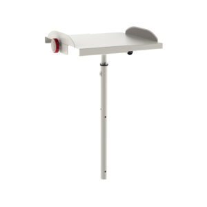 The white adjustable TV stand, similar to the Metro LEC304 Adjustable Defibrillator Tray for Lifeline and Flexline Carts, includes a flat platform with side tabs, a vertical support pole, and a red adjustment knob. Ideal for small screens or monitors.