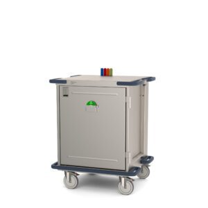 The Metro CaseVue CV24LS-NBF-W1 Surgical Case Cart features a solid locking door, blue handles, and four wheels for easy mobility. Measuring 33.5W x 28D x 40.625H, it includes color flags, a green button on the front, and a pullout wire shelf for efficient storage of medical supplies.
