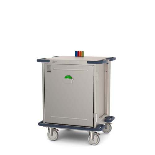 The Metro CaseVue CV24LS-NBF-W1 Surgical Case Cart features a solid locking door, blue handles, and four wheels for easy mobility. Measuring 33.5W x 28D x 40.625H, it includes color flags, a green button on the front, and a pullout wire shelf for efficient storage of medical supplies.