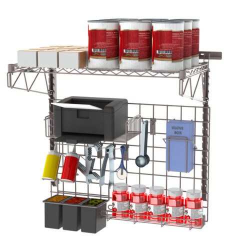 tl0ecciqo05oo24445m212ye8kqb1wha.jpg The Metro SWKIT-PIZZAPREPK4 organizes your kitchen with a top shelf for red cans/boxes, a middle area for a black container, cloths, and brushes, and a lower section for spray bottles, a blue box of gloves, and plastic containers of cleaners.