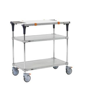 The Metro MS1836-FGFG-PK1 PrepMate MultiStation 36 Prep Station with Accessory Pack 1 features a versatile, durable design with solid galvanized top and bottom shelves and chrome posts, complemented by eye-catching black and orange accents near the top corners.