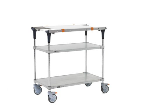 tlkc8pxlkcpkkr4f4e4eef4zhs82umul.jpg The Metro MS1836-FGFG-PK1 PrepMate MultiStation 36 Prep Station with Accessory Pack 1 features a versatile, durable design with solid galvanized top and bottom shelves and chrome posts, complemented by eye-catching black and orange accents near the top corners.