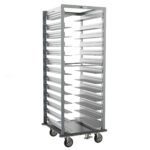 The Metro RD78NA33A71 Adjustable Pan Rack features a 26.375 x 28 x 69.5 metallic frame with swiveling wheels, a gray continuous bumper, and a floor lock. Its open structure, sturdy frame, and handles ensure easy tray storage and maneuverability.