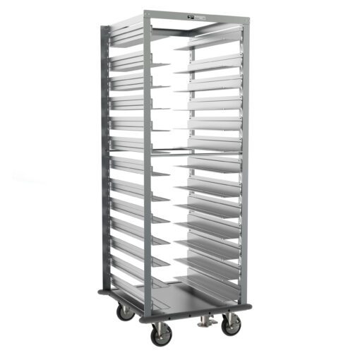 The Metro RD78NA33A71 Adjustable Pan Rack features a 26.375 x 28 x 69.5 metallic frame with swiveling wheels, a gray continuous bumper, and a floor lock. Its open structure, sturdy frame, and handles ensure easy tray storage and maneuverability.