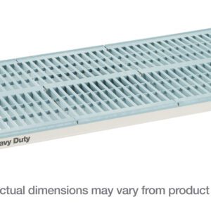 The MetroMax i MHP2436G Heavy-Duty Plastic Dunnage Shelf, 24 x 36, features a grid pattern and comes in gray with blue accents, labeled Heavy Duty, though actual dimensions may vary.