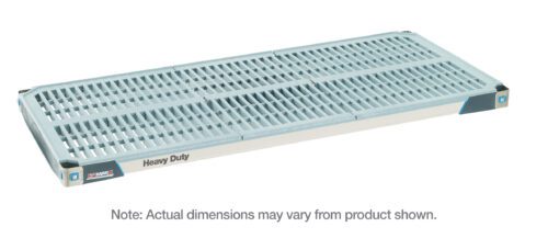 The MetroMax i MHP2436G Heavy-Duty Plastic Dunnage Shelf, 24 x 36, features a grid pattern and comes in gray with blue accents, labeled Heavy Duty, though actual dimensions may vary.