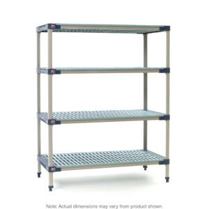 The MetroMax 4 MF-213074G-S-4 Shelving Starter Unit is a plastic, freestanding industrial unit with four adjustable shelves measuring 21 x 30 x 74, featuring a ventilated design.