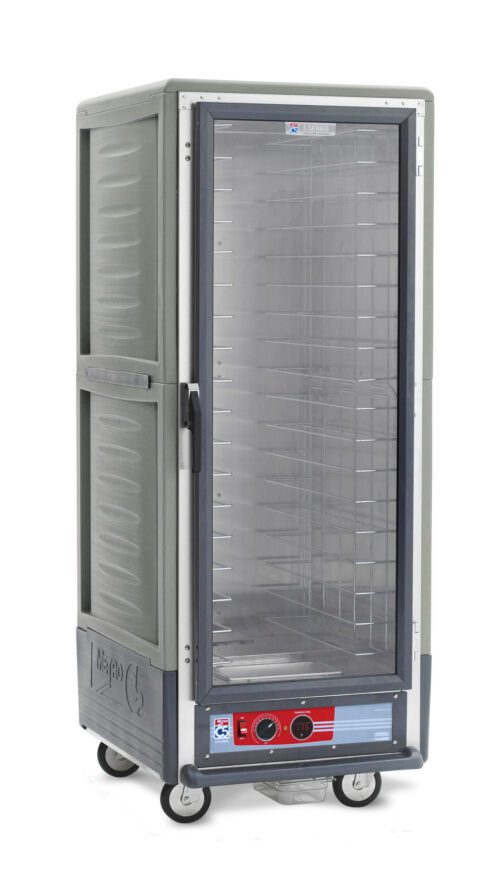 The Metro C539-HXFC-4-GY C5 3 Series is a tall, gray insulated holding cabinet with a full-length clear door and fixed wire slides. It features bottom control knobs, wheels for mobility, operates on 220-240V at 1681-2000W, and efficiently keeps food warm.