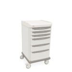 The Metro SXRSDRS Starsys Dressing Cart, with six gray drawers and four wheels, provides excellent mobility and organization in healthcare settings. Its sleek white design enhances efficient storage and accessibility for medical professionals.