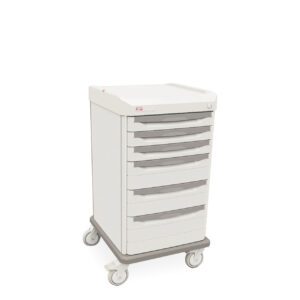 The Metro SXRSDRS Starsys Dressing Cart, with six gray drawers and four wheels, provides excellent mobility and organization in healthcare settings. Its sleek white design enhances efficient storage and accessibility for medical professionals.