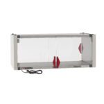 The Metro HS1842-EKIT, a stainless steel heated shelf with transparent sliding doors and red handles, measures 42.7 x 21.7 x 17.4. Its designed for countertop use, operating at 120V and 400W with a black power cord positioned at the bottom left corner.