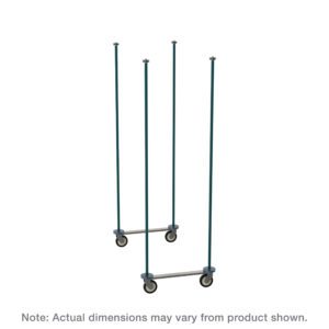 The Metro TTM21K3 Top-Track Mobile Unit Kit for 21 Wide Super Erecta Wire Shelving includes two sturdy vertical poles with wheels, all in Metroseal Green Epoxy. Note: Actual dimensions may vary from product shown.